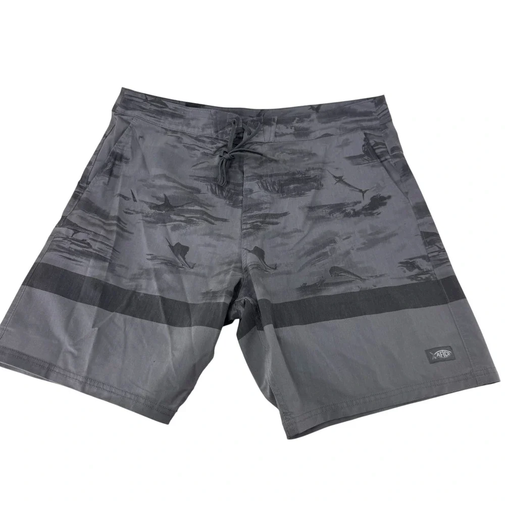AFTCO Mens Gray Marlin Sailfish Print Fishing Board Shorts Size 36 Gray